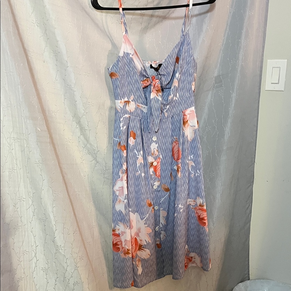 Fancyinn Blue and White Striped Dress with Orange Floral Accents